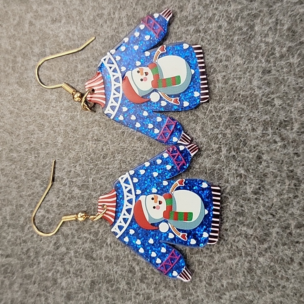 Adorable Blue Christmas Sweater Dangle Earrings with Snowman